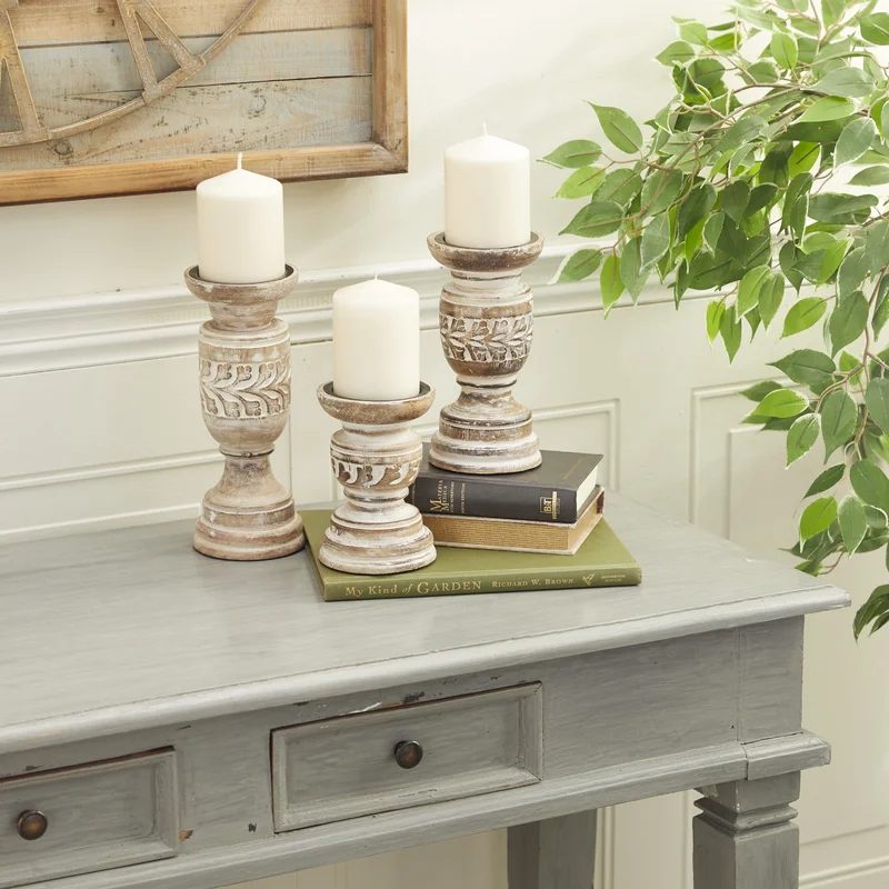 3 Piece Solid Wood Tabletop Candlestick Set