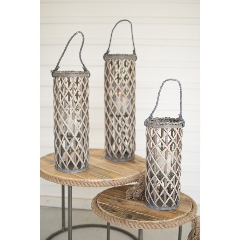 3 Piece Willow Tall Wooden Lantern candle holder Set Highland Dunes