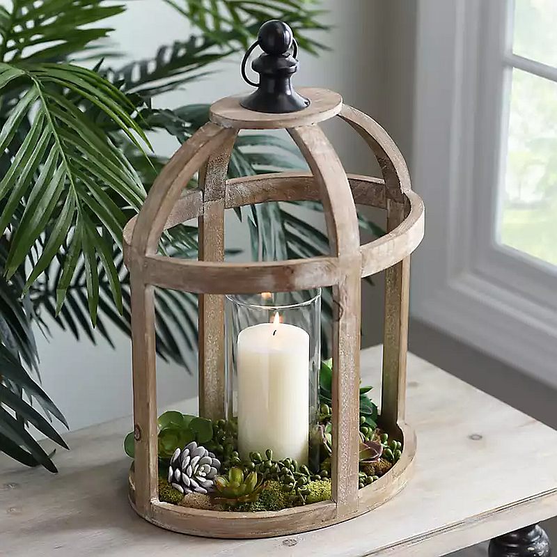 Caged Wood Lantern with Glass Hurricane