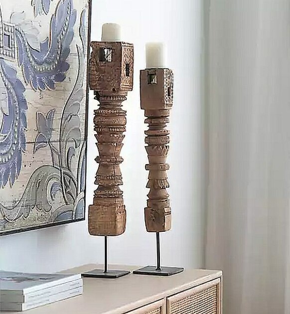 Carved Wood Pillar Candle Holder Figurine