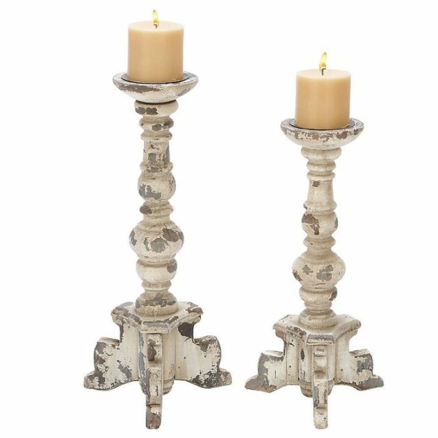 Classic White Distressed Wooden Candle Holders