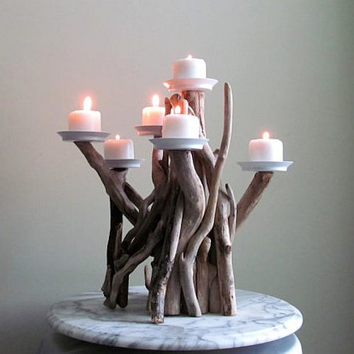 Votive candles on a driftwood candleabra