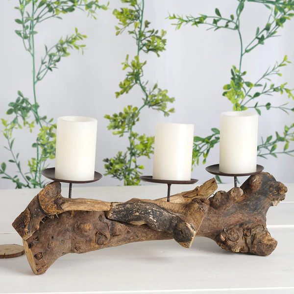 Wooden Candle Holders 3 Metal Plate