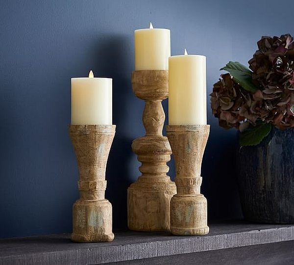 ava natural wood pillar candle holders