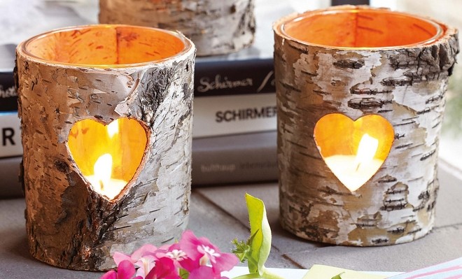 birch bark heart decor small romantic candlesticks