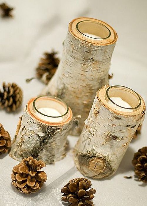 set 3 birch wood glass candle holders