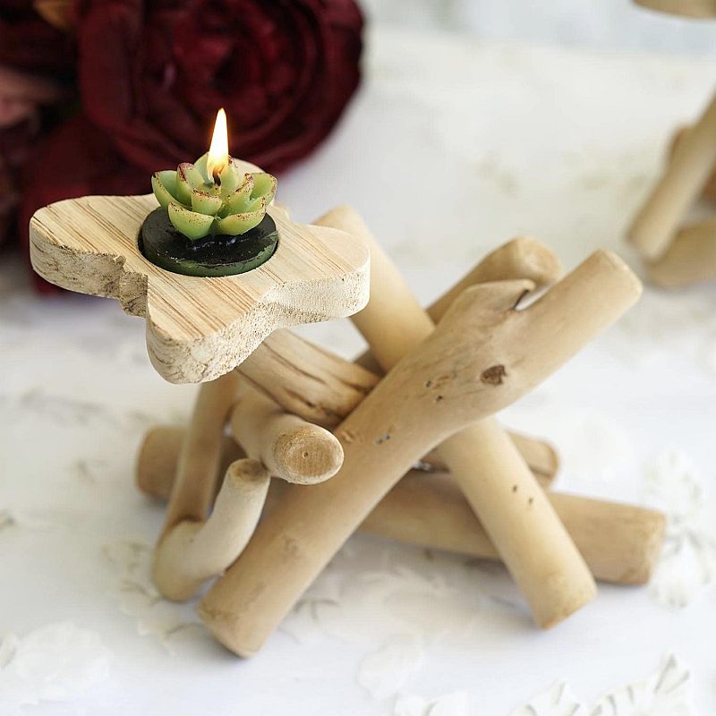 Tall Driftwood Natural Wooden Candle Holder Butterfly Top