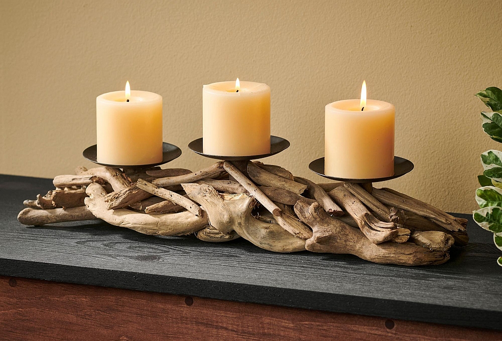 driftwood triple candle holder
