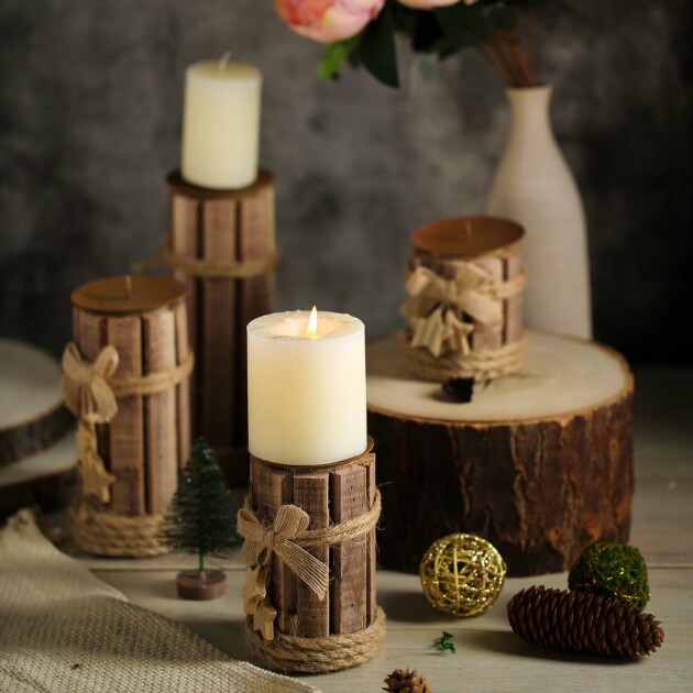 set of 4 assorted wooden pillar candle holder set with braided twines burlap ribbons and hanging stars 8 7 5 4