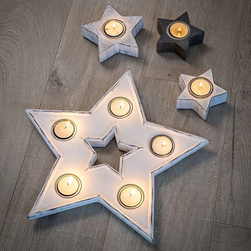 White Wooden Star Tealight Candle Holder