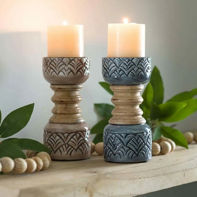 carved wooden candle holders