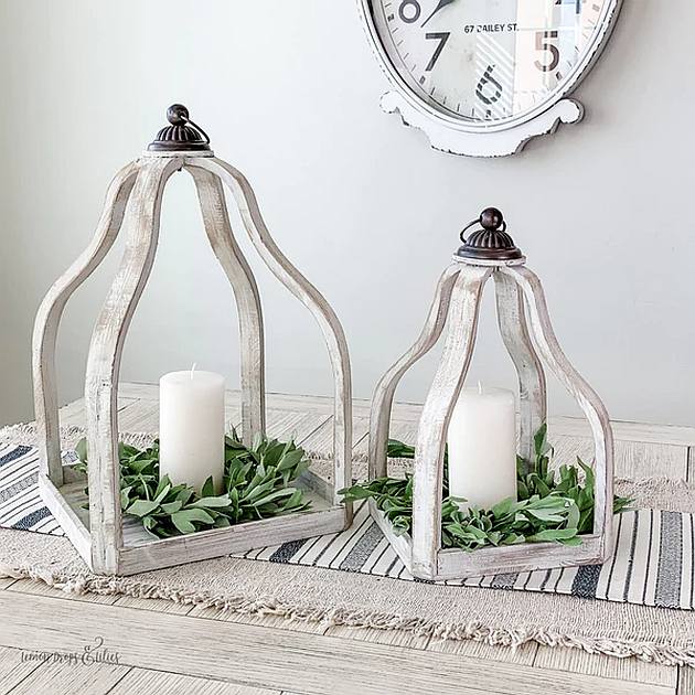 white washed wood candle lanterns