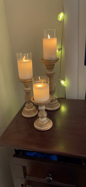 pillar wood candle holder lit