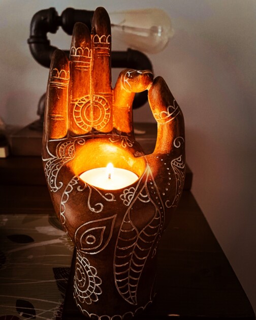 wooden candle holders hand dark