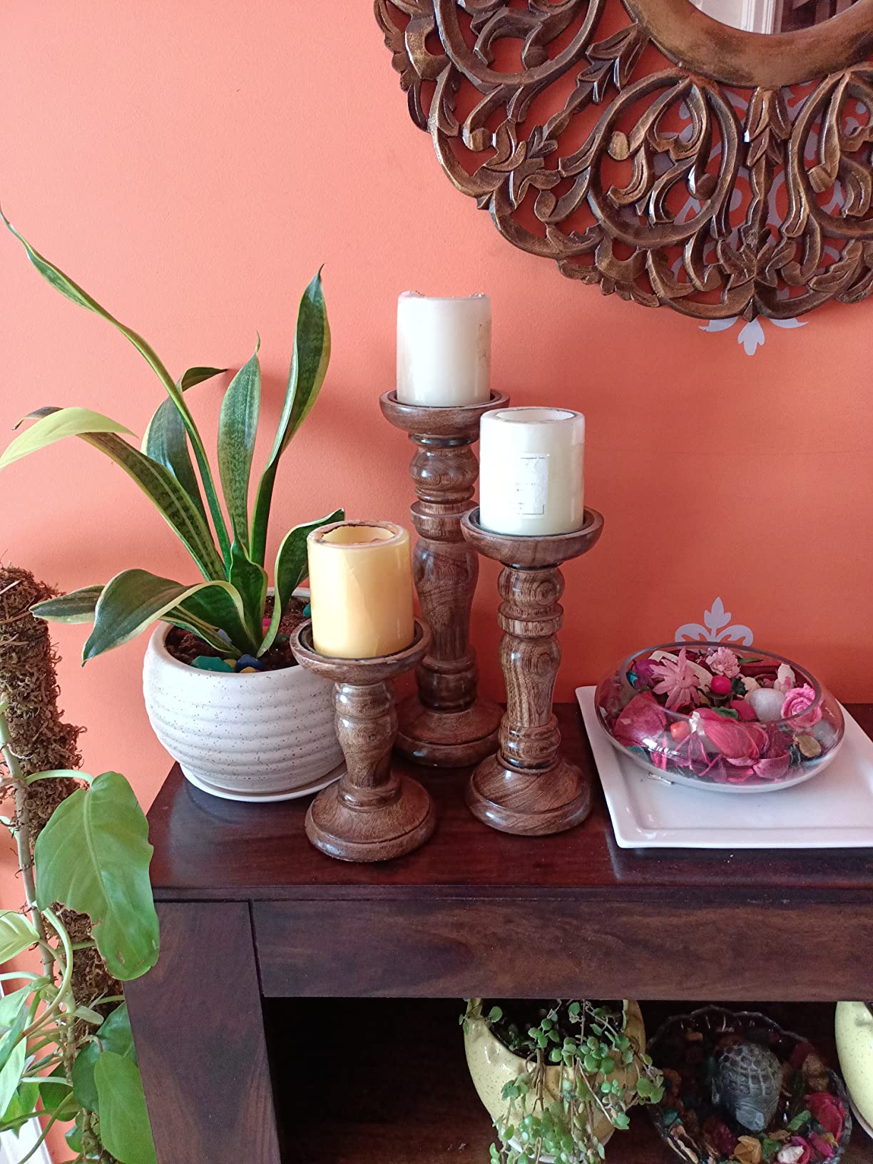 wooden candle holders red