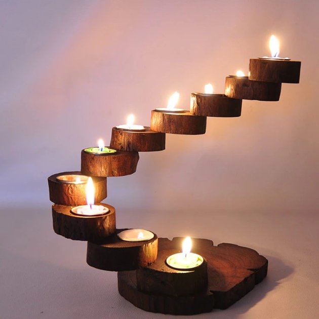 Creative handmade wooden candlesticks slices