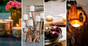 stylish bucolic style decor with wooden candle holders