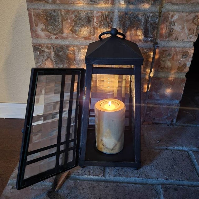 rustic wood candle holder on lantern